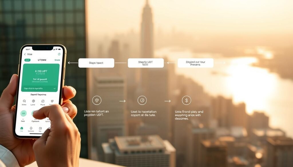 A detailed illustration of the seamless USDT deposit and withdrawal process for UTown platform. In the foreground, a user's hand interacts with a mobile device displaying the UTown app interface. The middle ground showcases the step-by-step flow of USDT transactions, with intuitive icons and clear visual cues. The background depicts a serene, minimalist cityscape, conveying a sense of efficiency and simplicity. The overall scene is bathed in warm, natural lighting, captured through a wide-angle lens to emphasize the user-friendly and accessible nature of UTown's USDT services. A detailed illustration of the seamless USDT deposit and withdrawal process for UTown platform. In the foreground, a user's hand interacts with a mobile device displaying the UTown app interface. The middle ground showcases the step-by-step flow of USDT transactions, with intuitive icons and clear visual cues. The background depicts a serene, minimalist cityscape, conveying a sense of efficiency and simplicity. The overall scene is bathed in warm, natural lighting, captured through a wide-angle lens to emphasize the user-friendly and accessible nature of UTown's USDT services.