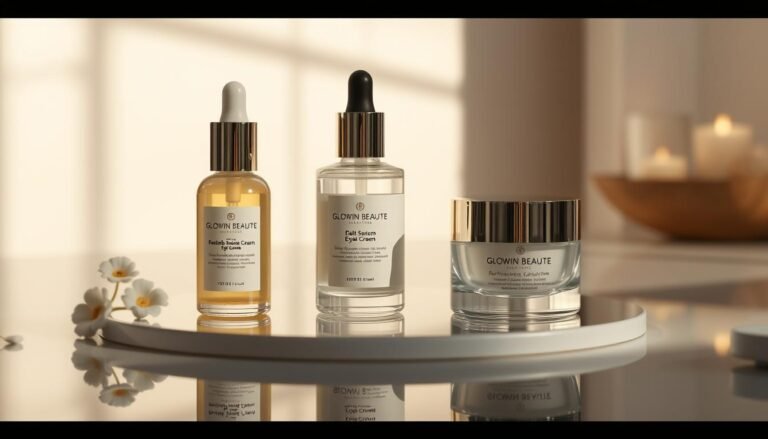 A softly lit, minimalist still life featuring a Glowin Beaute product line displayed on a sleek, reflective surface. The products - a facial serum, moisturizer, and eye cream - are arranged in a visually appealing manner, evoking a sense of luxurious self-care. The lighting gently highlights the product's textures and finishes, creating a serene, spa-like atmosphere. The background is blurred, directing the viewer's focus to the hero products. An overall sense of relaxation and rejuvenation is conveyed, perfectly embodying the "OligioX 原美電波療程後的居家保養秘訣".