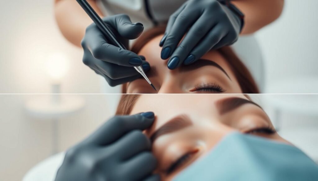 A vibrant, step-by-step visual guide showcasing the process of eyebrow microblading by derBeaute. In the foreground, a skilled aesthetician's hands meticulously apply the pigment with precision tools, creating natural-looking strokes. The middle ground features a close-up view of the client's face, with the eyebrows gradually transforming. The background depicts a serene, minimalist studio setting, with soft lighting that creates a calming, professional atmosphere. The overall mood is one of expertise, care, and the transformative power of derBeaute's eyebrow microblading technique. A vibrant, step-by-step visual guide showcasing the process of eyebrow microblading by derBeaute. In the foreground, a skilled aesthetician's hands meticulously apply the pigment with precision tools, creating natural-looking strokes. The middle ground features a close-up view of the client's face, with the eyebrows gradually transforming. The background depicts a serene, minimalist studio setting, with soft lighting that creates a calming, professional atmosphere. The overall mood is one of expertise, care, and the transformative power of derBeaute's eyebrow microblading technique.