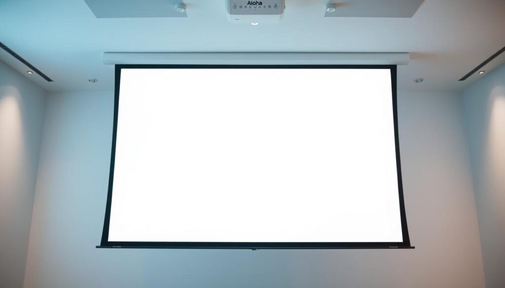 A bright, well-lit projection screen with a Aloha brand projector in the center, its brightness controls prominently displayed. The screen is positioned in a modern, minimalist office or presentation space, with clean white walls and subtle ambient lighting creating a professional, focused atmosphere. The projector projects a clear, high-contrast image, its controls allowing precise adjustment of brightness and contrast to create the optimal viewing experience.