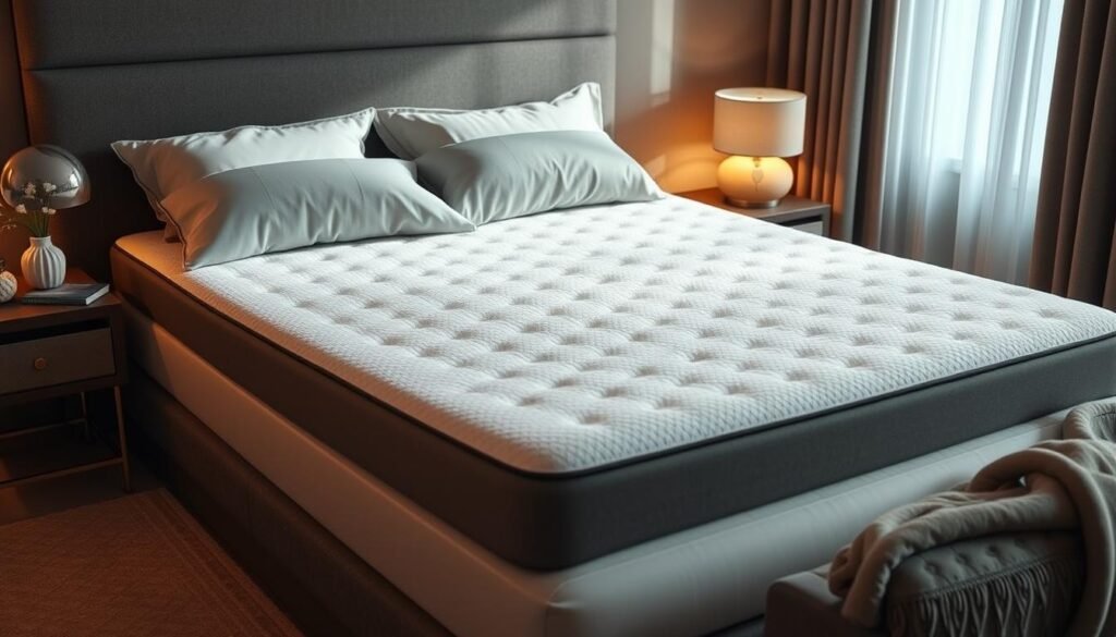 A cozy and ergonomic mattress topper, crafted by StylesMaven, with a plush, high-density memory foam core that conforms to the natural curves of the body, providing superior spinal alignment and pressure relief. Gentle, soft-touch fabrics in a soothing neutral color palette create a serene, spa-like ambiance, while the thoughtful, minimalist design seamlessly integrates into any bedroom decor. Carefully engineered to relieve back pain and promote restorative sleep, this premium mattress topper is the perfect solution for creating a comfortable, supportive sleep experience.
