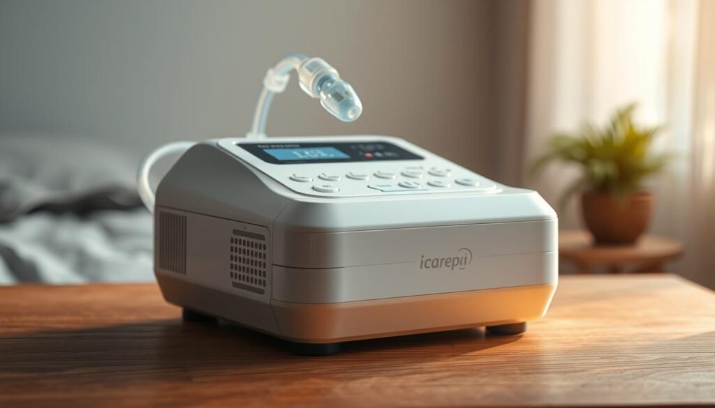 A high-quality, state-of-the-art iCareCPAP sleep apnea machine sits on a wooden table, its sleek design and intuitive controls illuminated by soft, warm lighting. The machine's advanced air pressure sensors and whisper-quiet operation are meticulously detailed, showcasing the engineering excellence behind this essential medical device. In the background, a soothing, minimalist environment evokes a sense of calm and relaxation, underscoring the machine's purpose in providing comfortable, effective sleep therapy. The overall composition captures the intersection of modern technology and human health, presenting the iCareCPAP sleep apnea machine as a vital tool for improving sleep quality and overall well-being.