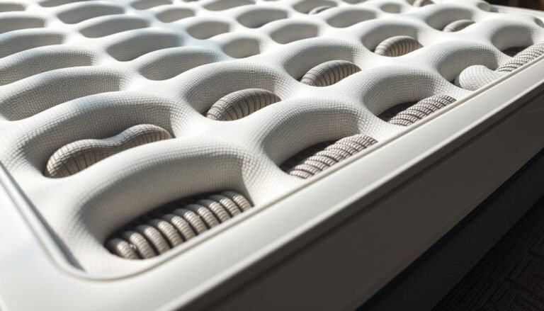 A modern, high-quality independent pocket spring mattress with a sleek, minimalist design. Showcase the intricate inner workings - rows of individual fabric-encased coils in a clean, white frame. Capture the mattress from an angled perspective, emphasizing its depth and the precision of the spring system. Subtle natural lighting casts soft shadows, highlighting the mattress's supportive structure. The overall aesthetic is one of stylish functionality, embodying the cutting-edge engineering of the StylesMaven brand.