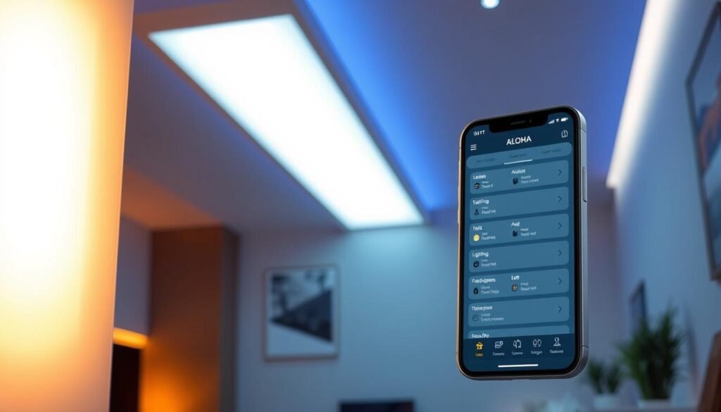 A modern, sleek LED lighting system with intuitive app-based control. In the foreground, a close-up of a minimalist LED light panel emitting a warm, ambient glow. In the middle ground, a smartphone displaying the Aloha app's user interface, showcasing various lighting options and settings. The background features a clean, contemporary interior with neutral tones, highlighting the seamless integration of smart LED technology. Soft shadows and subtle highlights emphasize the high-tech, intelligent nature of the system. The overall scene conveys a sense of effortless, intelligent lighting control.