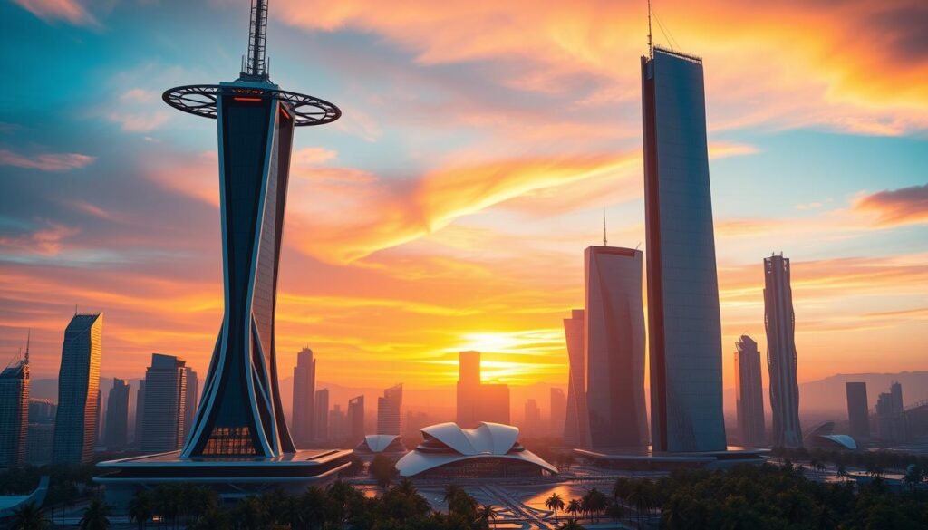 A futuristic 5G network plan designed by Telecombrother, showcasing a sleek, streamlined cityscape with towering skyscrapers and advanced infrastructure. The scene is bathed in a warm, vibrant glow, reflecting the cutting-edge technology and the promise of a connected future. In the foreground, a central tower with a distinctive angular design dominates the frame, surrounded by smaller, satellite-like structures that symbolize the interconnectivity of the 5G system. The middle ground features a blend of modern architecture and natural elements, with lush greenery and reflective surfaces creating a sense of harmony between technology and the environment. In the background, a stunning sunset paints the sky in a palette of oranges and pinks, evoking a sense of progress and innovation. The overall composition conveys a vision of a smart, sustainable, and technologically advanced future.