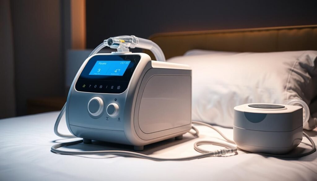 A high-quality, cutting-edge iCareCPAP sleep apnea machine, situated on a sleek, minimalist bedside table. The machine has a modern, streamlined design with a backlit display and intuitive controls. It is surrounded by medical equipment such as a nasal mask, tubing, and a humidifier. The room is dimly lit, creating a calming and therapeutic atmosphere. The machine is the focal point, surrounded by soft, diffused lighting that highlights its elegant form. The overall scene conveys a sense of comfort, health, and technological innovation, perfectly suited for a professional evaluation of sleep apnea treatment options.