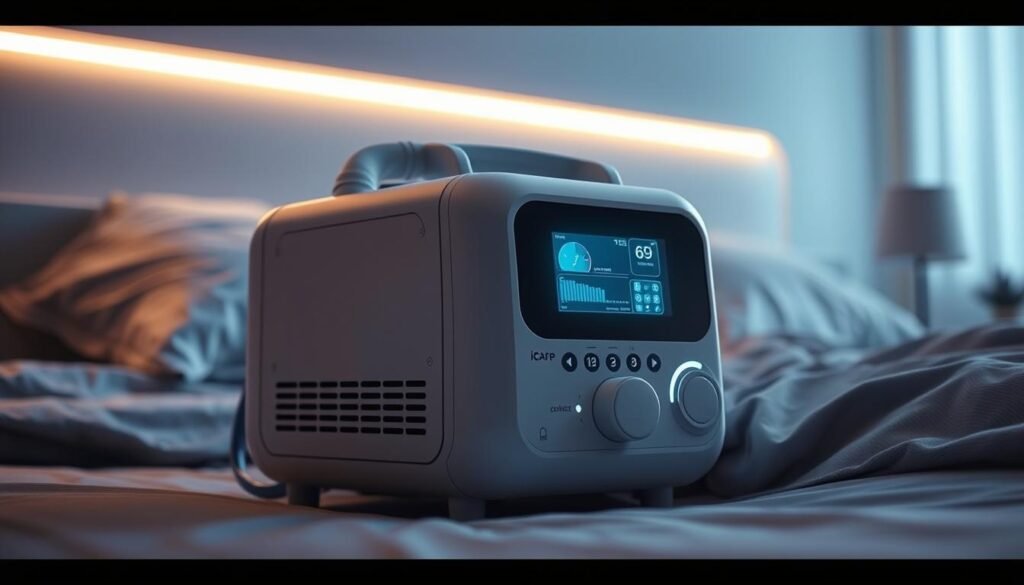 A high-quality iCareCPAP sleep apnea machine, meticulously crafted with precision engineering and advanced features. The sleek, minimalist design blends seamlessly into the user's bedroom, emanating a sense of modern sophistication. Soft, indirect lighting gently illuminates the device, creating a calming, therapeutic atmosphere. The machine's intuitive interface and user-friendly controls are highlighted, showcasing its intuitive functionality. In the background, a soothing, muted color palette sets the stage for a restful and rejuvenating sleep experience.