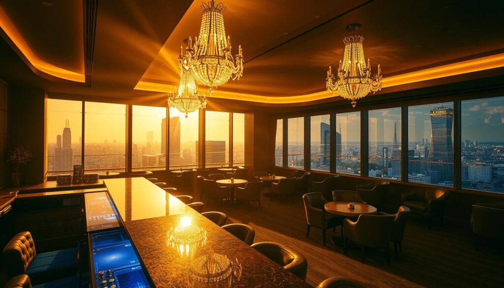 A luxurious VIP lounge in the heart of UTown, bathed in warm, golden lighting. Plush, leather armchairs and a wet bar set the stage for exclusive events and tournaments. Elegant crystal chandeliers cast a soft glow, while large windows offer a panoramic view of the bustling city below. The atmosphere is one of refined sophistication, where UTown's most prestigious members gather to enjoy VIP-only activities and experiences. A luxurious VIP lounge in the heart of UTown, bathed in warm, golden lighting. Plush, leather armchairs and a wet bar set the stage for exclusive events and tournaments. Elegant crystal chandeliers cast a soft glow, while large windows offer a panoramic view of the bustling city below. The atmosphere is one of refined sophistication, where UTown's most prestigious members gather to enjoy VIP-only activities and experiences.