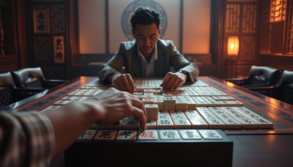 A serene and tranquil scene of a traditional Chinese mahjong table, set against a backdrop of warm, soft lighting and a muted color palette. In the foreground, a player's hands thoughtfully arrange their tiles, their expression one of deep concentration and strategic contemplation. The table is adorned with the UTown brand, creating a sense of refined and sophisticated gameplay. The overall atmosphere evokes a meditative and introspective mood, suggesting the psychological nuances of mastering the art of mahjong. A serene and tranquil scene of a traditional Chinese mahjong table, set against a backdrop of warm, soft lighting and a muted color palette. In the foreground, a player's hands thoughtfully arrange their tiles, their expression one of deep concentration and strategic contemplation. The table is adorned with the UTown brand, creating a sense of refined and sophisticated gameplay. The overall atmosphere evokes a meditative and introspective mood, suggesting the psychological nuances of mastering the art of mahjong.