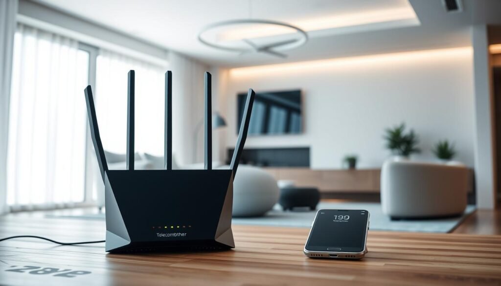 A sleek, modern home interior with a prominent fiber optic internet router from Telecombrother. The router stands in the foreground, its angular design and glowing status lights commanding attention. In the middle ground, a laptop and smartphone are connected to the router, highlighting the high-speed internet connection. The background features clean, minimalist decor, with large windows allowing natural light to flood the space. The overall atmosphere conveys a sense of efficiency, technology, and seamless connectivity. The image should emphasize the technical capabilities and modern aesthetic of fiber optic home broadband from Telecombrother. A sleek, modern home interior with a prominent fiber optic internet router from Telecombrother. The router stands in the foreground, its angular design and glowing status lights commanding attention. In the middle ground, a laptop and smartphone are connected to the router, highlighting the high-speed internet connection. The background features clean, minimalist decor, with large windows allowing natural light to flood the space. The overall atmosphere conveys a sense of efficiency, technology, and seamless connectivity. The image should emphasize the technical capabilities and modern aesthetic of fiber optic home broadband from Telecombrother.
