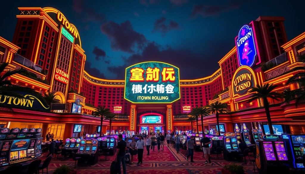 A sprawling casino complex with a vibrant neon-lit facade, the UTown Casino stands tall against a night sky. The entrance is adorned with lush greenery and water features, creating a luxurious and inviting atmosphere. Inside, the casino floor is bustling with activity, featuring a variety of gaming tables and slot machines. Highlighted in the center is a massive illuminated sign showcasing the casino's "優惠活動" or promotional offers, drawing in high-rolling patrons. The scene is bathed in a warm, golden light, evoking a sense of excitement and anticipation. The overall impression is one of a high-end, lavish gambling establishment offering an array of exclusive rewards and incentives.