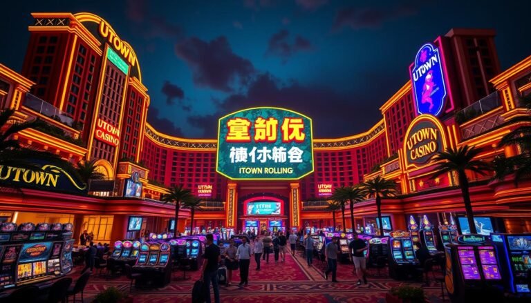 A sprawling casino complex with a vibrant neon-lit facade, the UTown Casino stands tall against a night sky. The entrance is adorned with lush greenery and water features, creating a luxurious and inviting atmosphere. Inside, the casino floor is bustling with activity, featuring a variety of gaming tables and slot machines. Highlighted in the center is a massive illuminated sign showcasing the casino's "優惠活動" or promotional offers, drawing in high-rolling patrons. The scene is bathed in a warm, golden light, evoking a sense of excitement and anticipation. The overall impression is one of a high-end, lavish gambling establishment offering an array of exclusive rewards and incentives.