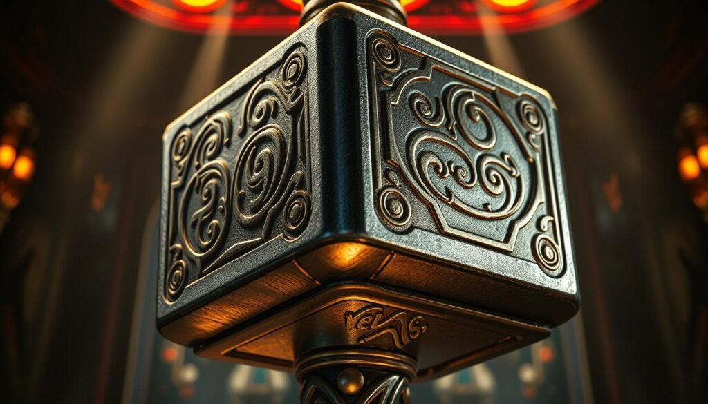 A stunning close-up view of the legendary UTown "Thor's Hammer" slot machine, its metallic surface gleaming under dramatic lighting. The hammer's intricate runes and ornate design are showcased in vivid detail, hinting at the mystical powers contained within. The background is a moody, atmospheric scene, with a sense of anticipation and excitement, reflecting the high-stakes nature of the game. The composition emphasizes the hammer's imposing presence, drawing the viewer's focus to the potential for triggering the coveted free spins feature. This image perfectly captures the essence of the "Thor's Hammer" slot experience and the strategies players can employ to maximize their chances of unlocking its rewards. A stunning close-up view of the legendary UTown "Thor's Hammer" slot machine, its metallic surface gleaming under dramatic lighting. The hammer's intricate runes and ornate design are showcased in vivid detail, hinting at the mystical powers contained within. The background is a moody, atmospheric scene, with a sense of anticipation and excitement, reflecting the high-stakes nature of the game. The composition emphasizes the hammer's imposing presence, drawing the viewer's focus to the potential for triggering the coveted free spins feature. This image perfectly captures the essence of the "Thor's Hammer" slot experience and the strategies players can employ to maximize their chances of unlocking its rewards.