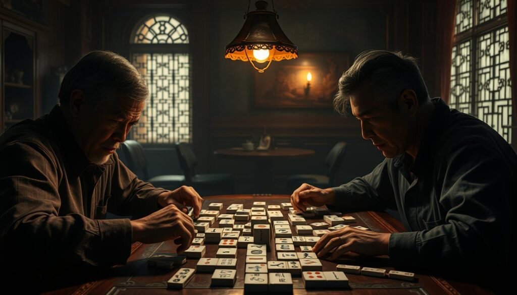 A tense Mahjong game in a dimly lit UTown parlor, the players' faces etched with concentration as they engage in a fierce mental battle. The table is a battlefield, with tiles strategically placed, each move a calculated risk. Soft shadows cast by a single hanging lamp create an atmosphere of high-stakes drama, while the players' expressions reveal the intensity of their psychological duel. The scene is a masterful study in the subtle dynamics of Mahjong gameplay, where the true victory lies not just in the tiles, but in the mastery of one's own mind. A tense Mahjong game in a dimly lit UTown parlor, the players' faces etched with concentration as they engage in a fierce mental battle. The table is a battlefield, with tiles strategically placed, each move a calculated risk. Soft shadows cast by a single hanging lamp create an atmosphere of high-stakes drama, while the players' expressions reveal the intensity of their psychological duel. The scene is a masterful study in the subtle dynamics of Mahjong gameplay, where the true victory lies not just in the tiles, but in the mastery of one's own mind.