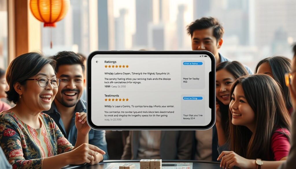 A vibrant and realistic scene depicting the user reviews for the UTown RSG mahjong app. In the foreground, a group of diverse users enthusiastically sharing their experiences, their facial expressions and body language conveying a sense of genuine satisfaction and engagement. In the middle ground, a sleek and modern user interface showcasing positive ratings and testimonials, presented in a clean and visually appealing layout. The background features a softly blurred cityscape, hinting at the app's widespread popularity and reach. The lighting is natural and warm, creating a welcoming and inviting atmosphere. The overall composition strikes a balance between the human elements and the digital interface, reflecting the app's ability to seamlessly integrate into the users' daily lives. A vibrant and realistic scene depicting the user reviews for the UTown RSG mahjong app. In the foreground, a group of diverse users enthusiastically sharing their experiences, their facial expressions and body language conveying a sense of genuine satisfaction and engagement. In the middle ground, a sleek and modern user interface showcasing positive ratings and testimonials, presented in a clean and visually appealing layout. The background features a softly blurred cityscape, hinting at the app's widespread popularity and reach. The lighting is natural and warm, creating a welcoming and inviting atmosphere. The overall composition strikes a balance between the human elements and the digital interface, reflecting the app's ability to seamlessly integrate into the users' daily lives.
