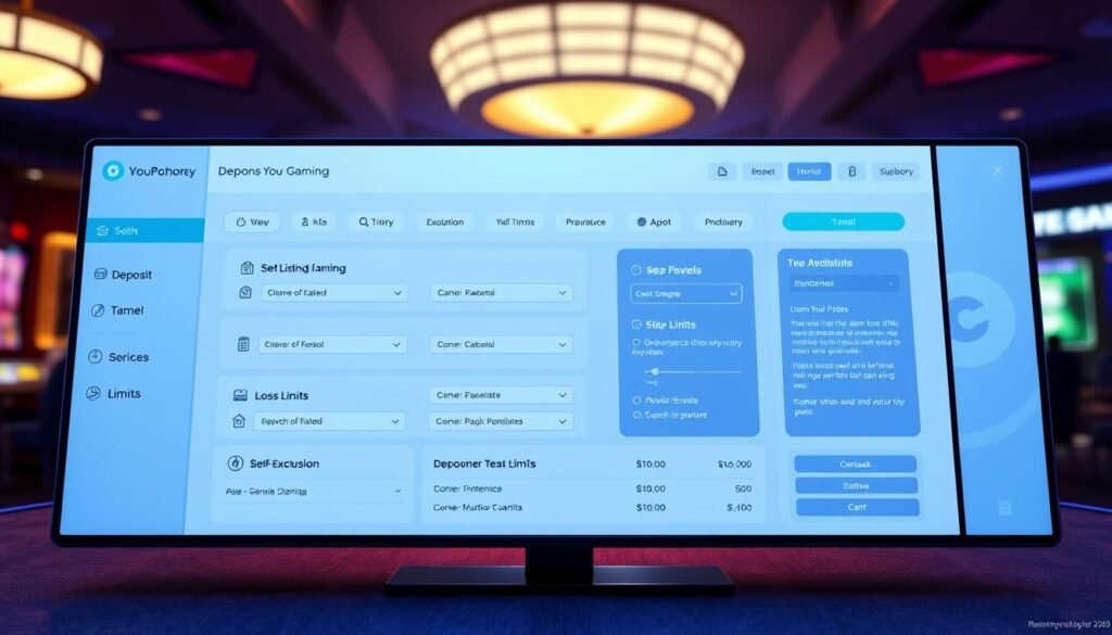 A well-lit, high-resolution 3D render of a responsible gaming dashboard interface for the UTown online casino. The dashboard features intuitive controls for setting deposit, time, and loss limits, along with self-exclusion options. The design has a clean, modern aesthetic with a calming blue-green color palette. The layout is optimized for desktop and mobile use, with clear iconography and microcopy guiding the user experience. The dashboard is framed by a sleek, minimalist UI, creating a sense of professionalism and trust. The overall mood is one of transparency, control, and player empowerment. A well-lit, high-resolution 3D render of a responsible gaming dashboard interface for the UTown online casino. The dashboard features intuitive controls for setting deposit, time, and loss limits, along with self-exclusion options. The design has a clean, modern aesthetic with a calming blue-green color palette. The layout is optimized for desktop and mobile use, with clear iconography and microcopy guiding the user experience. The dashboard is framed by a sleek, minimalist UI, creating a sense of professionalism and trust. The overall mood is one of transparency, control, and player empowerment.