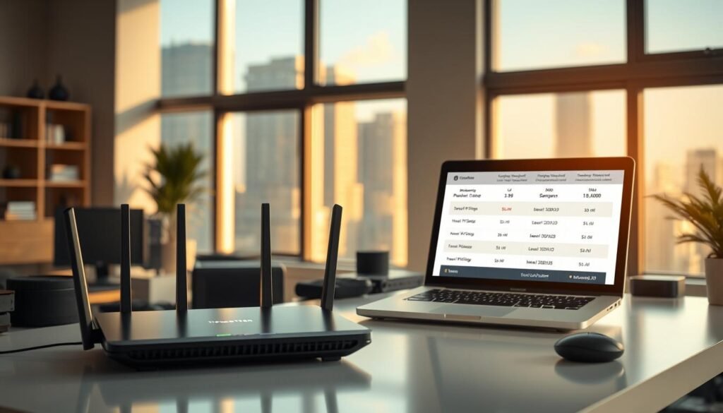 A well-lit, modern home office scene showcasing a variety of broadband internet service options. In the foreground, a sleek Telecombrother router sits on a clean, minimalist desk, surrounded by various electronic devices. In the middle ground, a laptop displays detailed broadband plan comparisons, with different contract durations highlighted. The background features large windows overlooking a cityscape, bathing the scene in warm, natural light. The overall atmosphere conveys a sense of productivity, efficiency, and informed decision-making regarding home broadband choices.