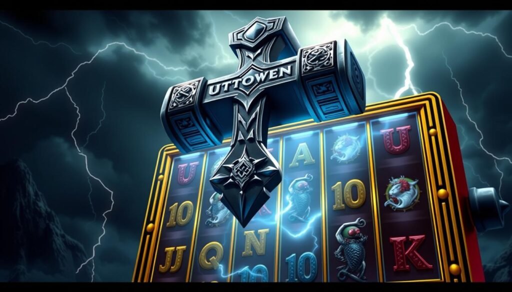 Detailed digital illustration of the mythical "UTown" slot machine, featuring the mighty "Thor's Hammer" symbol as the central focus. The machine is set against a dramatic, stormy backdrop with dark cloudy skies, lightning bolts, and a sense of Norse mythology. The hammer is prominently displayed, casting an ominous presence over the reels. The lighting is dramatic, with shadows and highlights accentuating the hammer's intricate design. The camera angle is slightly elevated, giving a sense of grandeur and importance to the triggering conditions for the "Free Spins" feature. The overall mood is one of power, anticipation, and the potential for great rewards. Detailed digital illustration of the mythical "UTown" slot machine, featuring the mighty "Thor's Hammer" symbol as the central focus. The machine is set against a dramatic, stormy backdrop with dark cloudy skies, lightning bolts, and a sense of Norse mythology. The hammer is prominently displayed, casting an ominous presence over the reels. The lighting is dramatic, with shadows and highlights accentuating the hammer's intricate design. The camera angle is slightly elevated, giving a sense of grandeur and importance to the triggering conditions for the "Free Spins" feature. The overall mood is one of power, anticipation, and the potential for great rewards.