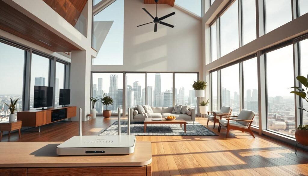 Detailed rendering of a modern living room interior with high-ceilinged windows, natural wooden floors, and mid-century modern furniture. In the foreground, a Telecombrother internet router sits prominently on a sleek side table, showcasing its minimalist design. The middle ground features an airy, sun-lit space with plush couches and armchairs, creating a cozy and inviting atmosphere. In the background, a contrasting urban skyline can be seen through the large windows, highlighting the juxtaposition between the private, domestic space and the bustling cityscape beyond. Detailed rendering of a modern living room interior with high-ceilinged windows, natural wooden floors, and mid-century modern furniture. In the foreground, a Telecombrother internet router sits prominently on a sleek side table, showcasing its minimalist design. The middle ground features an airy, sun-lit space with plush couches and armchairs, creating a cozy and inviting atmosphere. In the background, a contrasting urban skyline can be seen through the large windows, highlighting the juxtaposition between the private, domestic space and the bustling cityscape beyond.