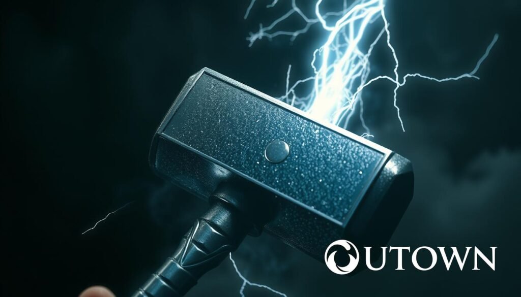 A dramatic close-up shot of the mighty Mjolnir, the legendary hammer of the Norse god Thor, as it unleashes a powerful lightning bolt. The hammer's intricate details and its gleaming metallic surface are illuminated by the intense, crackling energy coursing through it. The background is shrouded in a moody, atmospheric haze, adding a sense of mystery and awe to the scene. UTown's logo is subtly incorporated, lending a touch of elegance and sophistication. A dramatic close-up shot of the mighty Mjolnir, the legendary hammer of the Norse god Thor, as it unleashes a powerful lightning bolt. The hammer's intricate details and its gleaming metallic surface are illuminated by the intense, crackling energy coursing through it. The background is shrouded in a moody, atmospheric haze, adding a sense of mystery and awe to the scene. UTown's logo is subtly incorporated, lending a touch of elegance and sophistication.