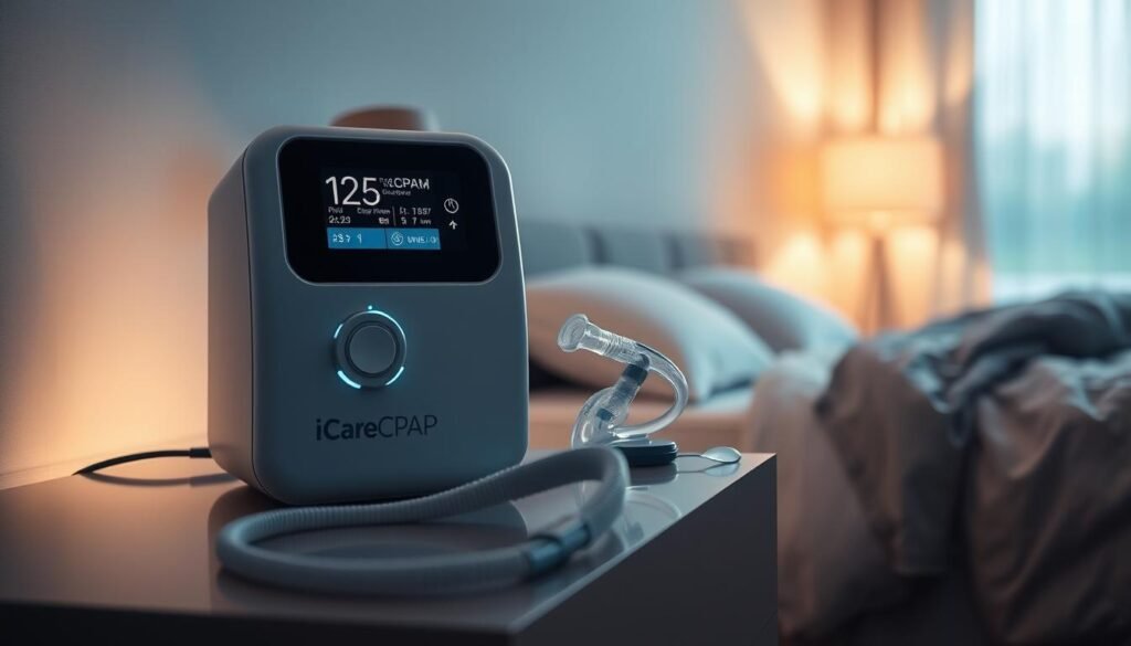 A high-quality medical device, the iCareCPAP sleep apnea machine sits prominently on a sleek, modern nightstand. The device's streamlined design and intuitive control panel are illuminated by soft, indirect lighting, creating a calming, therapeutic atmosphere. In the foreground, the machine's air tube and mask are carefully positioned, ready to provide comfortable, uninterrupted sleep. The middle ground features a tranquil bedroom scene, with a cozy bed and soothing color palette, emphasizing the machine's integration into a restful, rejuvenating environment. The background gently fades, allowing the iCareCPAP to take center stage as the hero of the image, symbolizing its essential role in managing sleep apnea and promoting overall health and well-being. A high-quality medical device, the iCareCPAP sleep apnea machine sits prominently on a sleek, modern nightstand. The device's streamlined design and intuitive control panel are illuminated by soft, indirect lighting, creating a calming, therapeutic atmosphere. In the foreground, the machine's air tube and mask are carefully positioned, ready to provide comfortable, uninterrupted sleep. The middle ground features a tranquil bedroom scene, with a cozy bed and soothing color palette, emphasizing the machine's integration into a restful, rejuvenating environment. The background gently fades, allowing the iCareCPAP to take center stage as the hero of the image, symbolizing its essential role in managing sleep apnea and promoting overall health and well-being.