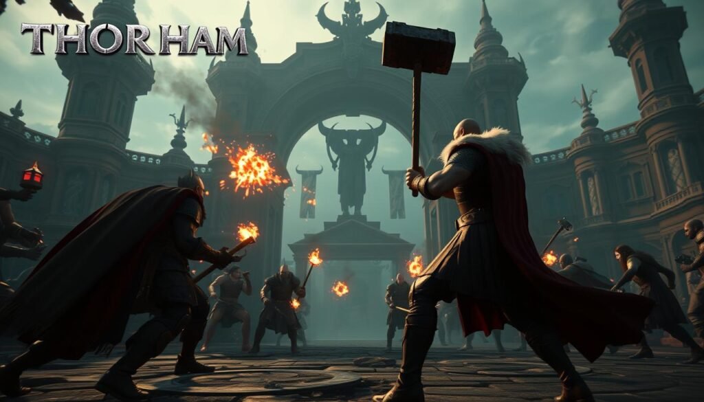 Detailed observation of the gameplay cycle of Thor's Hammer, a striking and dynamic action game with a strong emphasis on combat and strategic decision-making. Powerful blows from the mighty Mjolnir hammer, lightning-fast reflexes, and tactical maneuvers are the core of the gameplay loop. Intense battles unfold within a UTown environment, featuring richly detailed architecture, moody lighting, and a sense of grandeur. The protagonist, wielding the legendary hammer, stands tall and resolute, ready to unleash thunderous strikes against formidable foes in an epic display of Norse mythology-inspired combat. Detailed observation of the gameplay cycle of Thor's Hammer, a striking and dynamic action game with a strong emphasis on combat and strategic decision-making. Powerful blows from the mighty Mjolnir hammer, lightning-fast reflexes, and tactical maneuvers are the core of the gameplay loop. Intense battles unfold within a UTown environment, featuring richly detailed architecture, moody lighting, and a sense of grandeur. The protagonist, wielding the legendary hammer, stands tall and resolute, ready to unleash thunderous strikes against formidable foes in an epic display of Norse mythology-inspired combat.