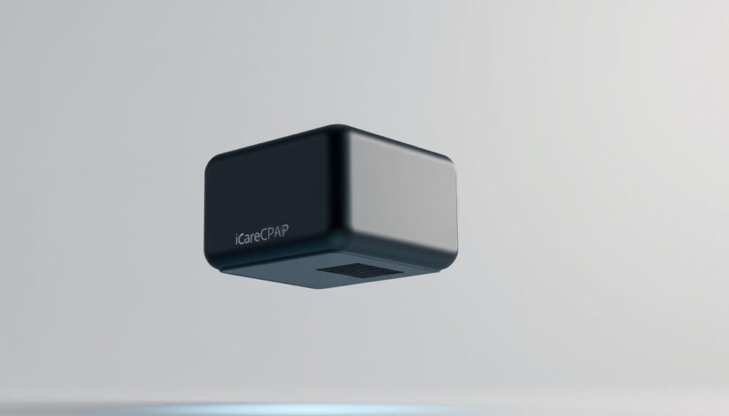 A sleek, lightweight iCareCPAP sleep apnea machine hovers in a minimalist, well-lit setting. The device's modern, streamlined design features a matte black finish and clean lines, conveying a sense of advanced technology. Soft, diffused lighting illuminates the machine from multiple angles, highlighting its elegant form and creating a serene, calming atmosphere. The background is a simple, neutral palette, allowing the iCareCPAP to take center stage as the focal point. The overall composition emphasizes the machine's refined, compact nature, hinting at the innovative materials and engineering advancements that enable its lightweight, portable characteristics.