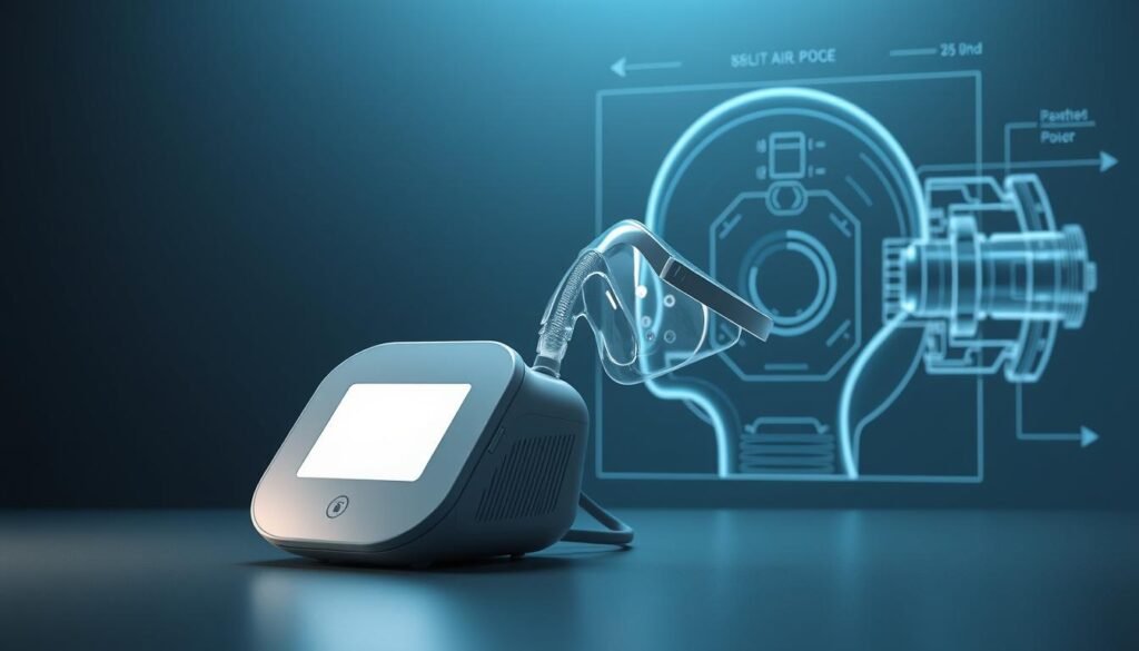 A sleek, modern design for an innovative iCareCPAP sleep apnea machine. In the foreground, a minimalist device with smooth curves and a soft, backlit display. The middle ground features a futuristic, translucent respiratory mask with customized air vents. In the background, a technical schematic showcasing the lightweight, streamlined internal components enabled by advanced materials science. Muted, cool-toned lighting creates a calming, high-tech atmosphere, while strategic angles and perspectives highlight the machine's ergonomic, user-centric form factor. The overall impression is one of cutting-edge medical technology seamlessly integrated with contemporary industrial design.