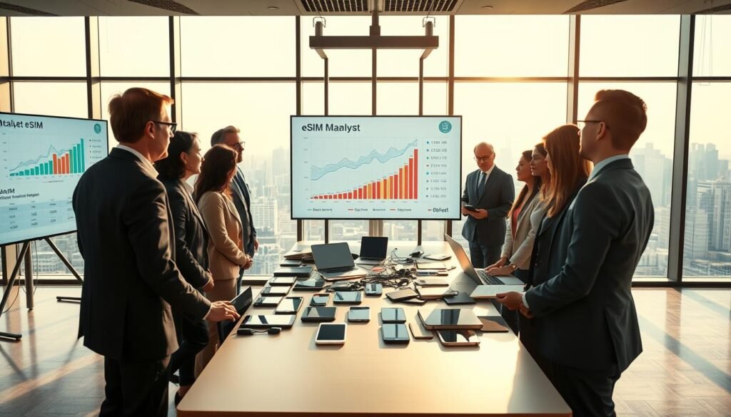 A modern office environment showcasing a detailed market analysis of the eSIM landscape in Japan. In the foreground, a diverse group of professionals in business attire is engaged in discussion around a large screen displaying graphs and data related to eSIM usage and market trends. The middle section features a table cluttered with smartphones, tablets, and laptops, symbolizing connectivity and technology. The background reveals a city skyline visible through large windows, with soft, natural light streaming in, creating a bright and optimistic atmosphere. The mood is analytical yet collaborative, highlighting the growing demand for reliable connections and bandwidth management. The entire scene is captured with a steady lens angle, emphasizing the focus on teamwork and innovation.
