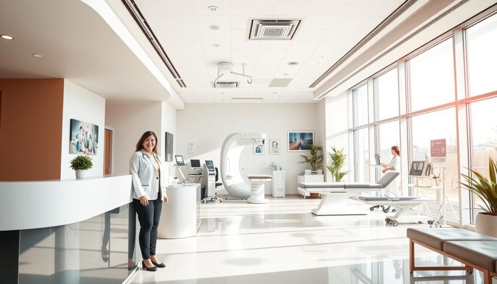 A modern daytime medical center featuring state-of-the-art healthcare facilities. In the foreground, showcase a sleek, bright reception area with a friendly receptionist wearing professional attire, welcoming patients. The middle section should depict a spacious treatment room equipped with advanced medical technology, like digital diagnostic machines and comfortable examination tables. The background reveals large windows allowing natural light to flood in, creating an inviting atmosphere. Soft colors and modern decor enhance the sense of cleanliness and efficiency. Include subtle elements like plants and art to evoke a healing environment. Capture the scene with a wide-angle lens to emphasize the center's open layout and use bright, warm lighting to promote a sense of care and professionalism.