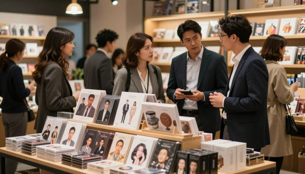 A vibrant marketplace showcasing various types of novelty products inspired by actors, designed for diverse consumer needs. In the foreground, display a stylish, well-organized display table featuring different product types: realistic design, compact shapes, and unique textures, all in professional packaging. In the middle ground, a diverse group of people in business attire is engaged in thoughtful discussions, examining products with curiosity and interest. The background features an inviting store ambiance, with warm lighting accentuating the products and creating a cozy, intimate atmosphere. The overall scene should evoke a sense of exploration and professionalism, with a cinematic quality that emphasizes warmth and connection. 4:3 aspect ratio.