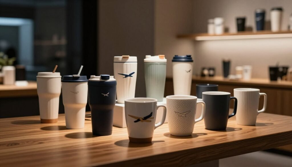 A well-organized display of a variety of airplane cup products in a sleek, modern setting. In the foreground, several airplane cups of different shapes, colors, and textures are showcased on a polished wooden table, each uniquely designed to appeal to diverse consumer preferences. The middle ground features subtle lighting that enhances the products' features, casting soft shadows for depth. In the background, an elegantly styled shop interior with minimalist decor hints at a sophisticated consumer environment. Warm ambient lighting creates a cozy, inviting atmosphere, reminiscent of a boutique experience. The overall composition conveys a sense of innovation and accessibility within the market. Capture this scene in a 4:3 aspect ratio for a cinematic touch.
