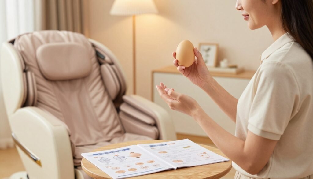 In a cozy, well-lit room, a professional health and wellness expert demonstrates the safe usage of a震蛋 (massage egg). The foreground features the expert, a woman in modest casual clothing, confidently holding the震蛋 while explaining its purpose. She stands next to a comfortable massage chair adorned with soft pillows. In the middle, a well-organized table displays instructional materials, such as diagrams illustrating key safety tips and best practices for users. The background includes warm ambient lighting with soft shades of beige and pastel colors, creating an inviting atmosphere. The scene should evoke a sense of reassurance and professionalism, focusing on the importance of safe use, in a cinematic 4:3 aspect ratio.