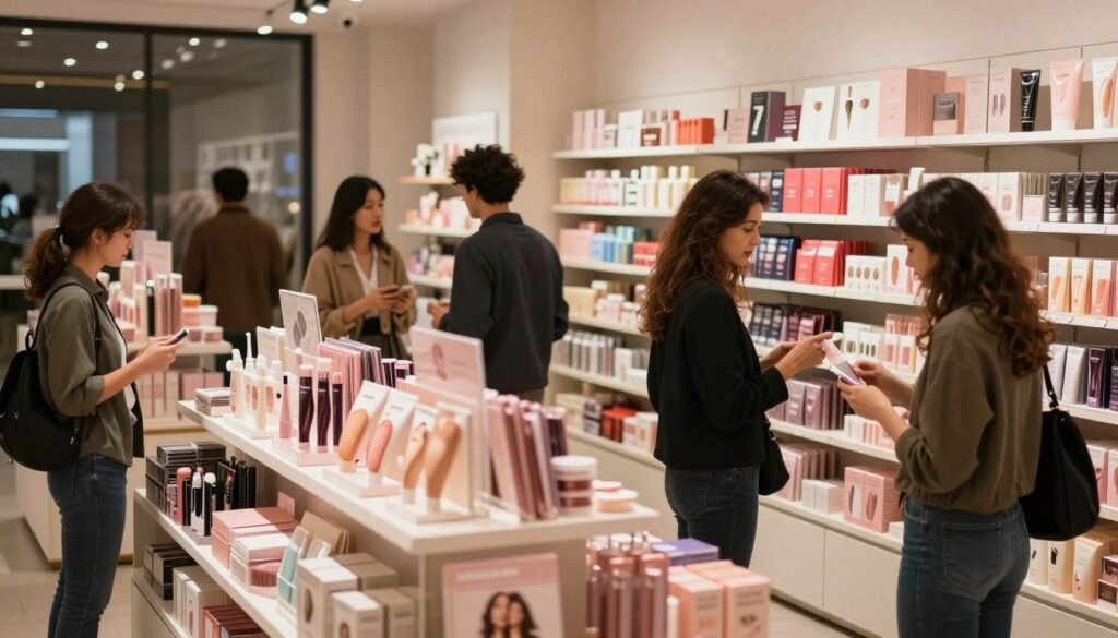 A modern sex shop interior showcasing its development trends in a professional and inviting atmosphere. In the foreground, a well-organized display of various body-safe products, presented tastefully. A diverse group of consumers, dressed in business casual attire, explores the items with curiosity and engagement. The middle section features aesthetically pleasing shelves stocked with vibrant packaging, emphasizing growth and innovation in the market. In the background, soft, warm lighting creates a cozy ambiance, enhancing the cinematic vibe of the scene. The camera angle is slightly above eye level, capturing the entire layout and flow of the store, reflecting a welcoming and intimate shopping experience. The overall mood conveys a sense of acceptance and evolution in consumer behavior within this unique market.