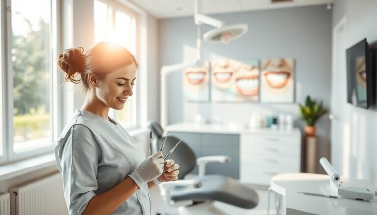 A serene dental clinic interior, illuminated by soft, natural light filtering through large windows. In the foreground, a dental hygienist in professional attire is preparing dental instruments with a focused expression, symbolizing precision and care. In the middle ground, a dental chair is positioned next to a sleek counter filled with dental hygiene products, emphasizing a dedicated space for deep cleaning procedures. The background features a calming wall with artwork depicting healthy smiles, creating an atmosphere of comfort and professionalism. The overall mood is tranquil and reassuring, encouraging an understanding of the importance of regular deep cleaning for smokers and coffee enthusiasts, illustrating the treatment’s efficacy in removing extrinsic pigmentation. The scene is shot with a slight depth of field, bringing attention to the hygienist and tools while softly blurring the background.