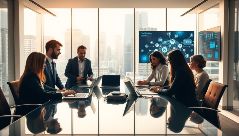 A sleek, modern office space representing business agility, featuring a professional team engaged in a dynamic meeting. In the foreground, a diverse group of business professionals in formal attire collaborate around a glass conference table, laptops and digital devices scattered across it. The middle layer showcases a bright, open layout with large windows revealing a bustling cityscape, symbolizing connectivity and opportunity. The background includes elements of a virtual office, such as digital screens displaying global connections and flexible workspace arrangements. Soft, warm lighting enhances a productive atmosphere, while a contemporary style reflects innovation. The image should evoke a sense of flexibility, collaboration, and modern entrepreneurship.