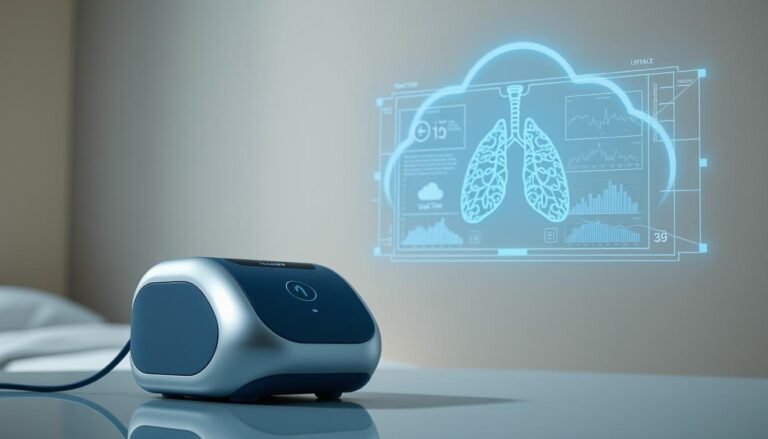 Detailed image of an iCareCPAP respiratory device connected to a cloud-based data management platform. The device is displayed in the foreground, with a sleek, modern design in shades of blue and silver. In the middle ground, a holographic interface showcases real-time data visualizations, respiratory trends, and remote monitoring capabilities. The background depicts a serene, minimalist cloud computing environment, with soft lighting and a sense of technological sophistication. The overall mood is one of advanced medical technology, seamless connectivity, and the efficient management of respiratory health data.