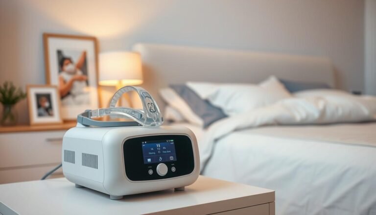 A high-quality image of a sleep apnea machine, prominently displayed in the foreground on a clean, modern nightstand beside a neatly arranged bed. The machine features a sleek design with a clear display panel and a soft, cushioned mask, showcasing its various components. In the background, a softly blurred bedroom setting includes calming colors, gentle lighting, and decorative elements like a bedside lamp and framed photographs, creating a serene atmosphere. The angle captures the machine’s details while maintaining a relaxed mood, emphasizing its importance in a restful environment. The lighting is warm and inviting, highlighting the comfort associated with proper sleep apnea management.