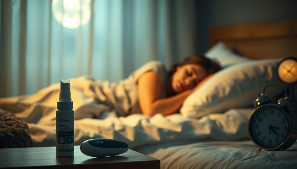 A serene bedroom scene at night, depicting a peacefully sleeping individual in modest pajamas, with soft, ambient moonlight filtering through a partially drawn curtain. In the foreground, a bedside table holds a nasal spray and a sleep therapy device, symbolizing the importance of treating snoring for better health. The middle ground features a cozy bed with fluffy pillows, emphasizing comfort and relaxation. In the background, soft shadows create a calming atmosphere, and a clock shows the late hour, suggesting the need for deep sleep. The overall mood is tranquil, highlighting the significance of healthy sleep patterns and their impact on well-being. The lighting is warm and gentle, inviting restfulness and care.