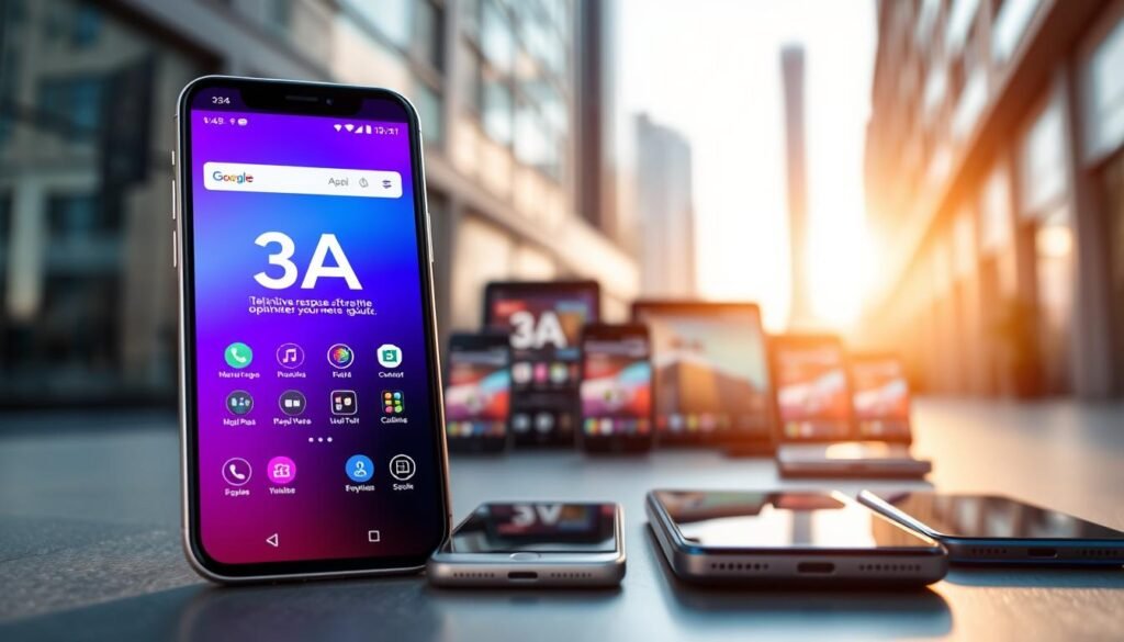 A sleek, modern mobile interface design for the brand "3A", showcasing an optimized responsive layout for various mobile browsers. In the foreground, display a realistic smartphone with the vibrant 3A interface on its screen, emphasizing intuitive navigation and user-friendly elements. The middle ground should feature an array of mobile devices in varying sizes, symbolizing compatibility across platforms. In the background, incorporate a soft-focus urban environment to evoke a sense of contemporary lifestyle. Utilize bright, natural lighting to create a fresh and inviting atmosphere, capturing the essence of innovation and efficiency. Angle the view slightly downward to emphasize the smartphone's features while maintaining a professional tone, suitable for an informative article section on mobile performance.