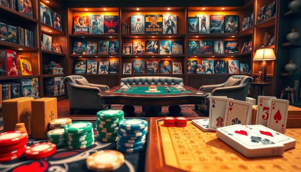A vibrant and detailed depiction of various board games and card games, showcasing a wide array of gaming elements associated with 3A Entertainment. In the foreground, distinct pieces from traditional Chinese board games, like Go and Mahjong, are elegantly arranged alongside a set of poker chips and playing cards. The middle layer features a plush game table set up in a cozy, sophisticated gaming room, illuminated by warm, ambient lighting. The background displays shelves lined with game boxes and artwork depicting different gaming genres, creating an engaging atmosphere. The scene is captured from a slightly elevated angle, providing an overview while maintaining a welcoming and inviting mood, emphasizing the diversity and excitement of gaming experiences within 3A Entertainment.