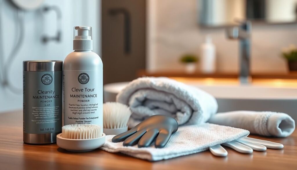 A well-organized cleaning station featuring a range of maintenance products for a high-quality silicone or TPE male masturbation sleeve. In the foreground, a sleek maintenance powder bottle is prominently displayed alongside a soft brush and gentle cleanser. The middle ground features a clean towel laid out, with a pair of protective gloves ready for use. The background offers a soft, blurred view of a stylish bathroom setting with soft ambient lighting, evoking a calm and hygienic atmosphere. The composition emphasizes care and proper maintenance of the product, with all elements appearing tidy and inviting. The overall mood is serene, professional, and focused on cleanliness and respect for personal care.