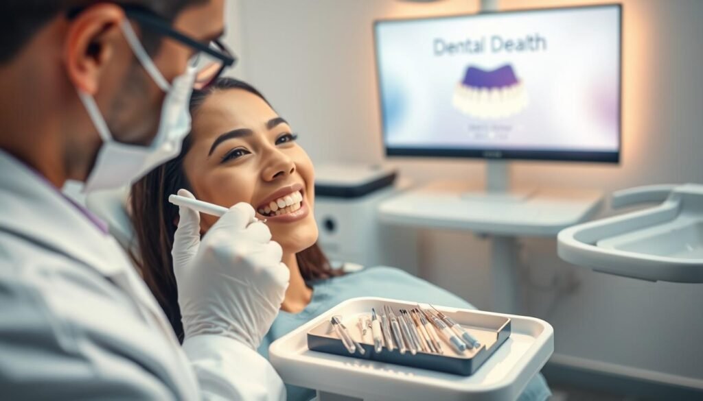 A dental clinic scene featuring a professional dentist examining a patient’s teeth. In the foreground, the dentist, dressed in a clean white coat and gloves, is using a dental instrument to check the patient's teeth, showcasing a focus on oral health. The patient, seated comfortably in a dental chair, displays a relaxed expression, suggesting trust and comfort during the examination process. In the middle, bright dental tools are arranged neatly on a tray, and a computer screen in the background displays a digital representation of dental health. The clinic is well-lit with soft, warm lighting, creating a friendly and welcoming atmosphere. Clean lines and a modern aesthetic evoke professionalism and hygiene, emphasizing the importance of dental check-ups for effective teeth whitening methods.