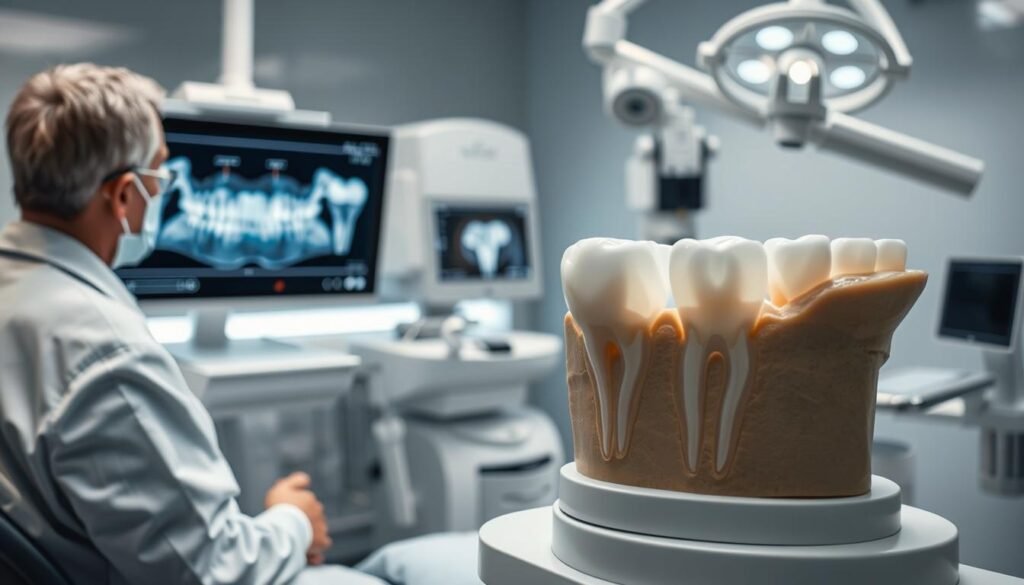 A detailed scene depicting the importance of dental root health examinations. In the foreground, a dentist in a professional white coat examines a patient's dental X-ray on a high-tech monitor. The patient, seated comfortably in a dental chair, looks engaged and interested. In the middle, a close-up of a dental model showcases intricate root canals, emphasizing the fine detail of the microscopic elements. In the background, an advanced medical environment, featuring high-resolution minimally invasive camera equipment, enhances the atmosphere of professionalism and innovation. Soft, clinical lighting highlights the dental tools and equipment, creating a clean and sterile ambiance. The overall mood is one of reassurance and expertise, demonstrating the significance of dental health checks, particularly for root canal assessments.