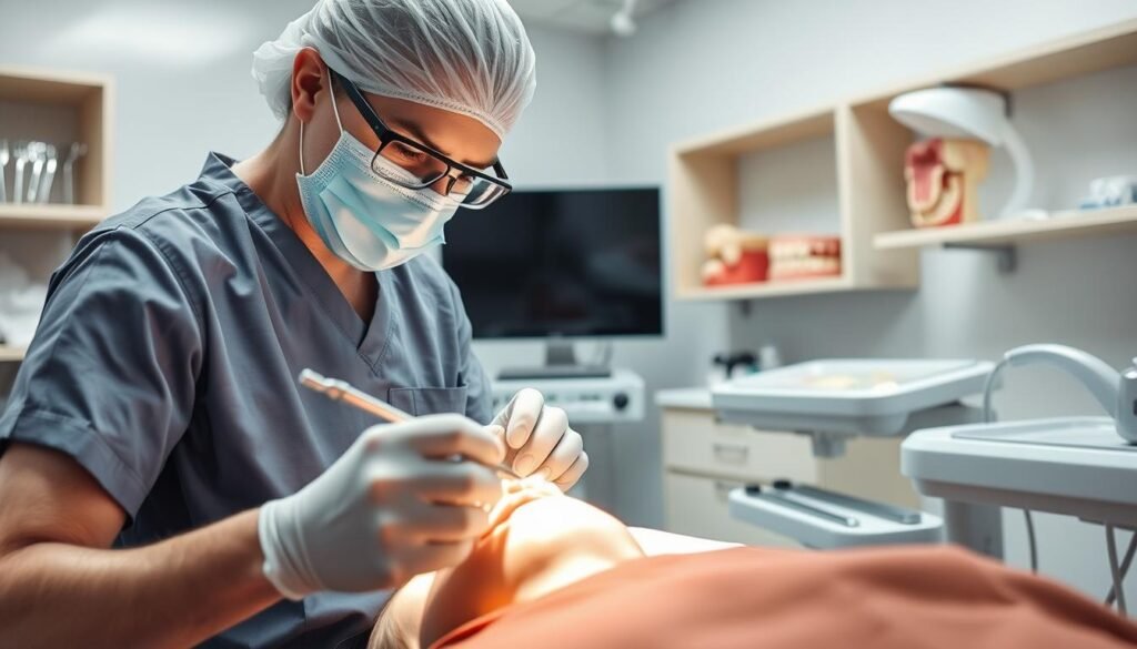 A detailed, sterile dental surgery scene focusing on the extraction of a wisdom tooth. In the foreground, a dentist, dressed in professional scrubs and a surgical mask, is skillfully performing the extraction, using specialized dental tools. The middle ground features an open dental chair with a patient lying back, surrounded by high-tech dental equipment and instruments. In the background, there are shelves with sterilized tools and anatomical models of teeth. The lighting is bright and clinical, enhancing the sterile atmosphere of the operating room, while soft shadows subtly highlight the dentist’s focused expression. The overall mood is calm but intense, emphasizing a professional and confident dental procedure.