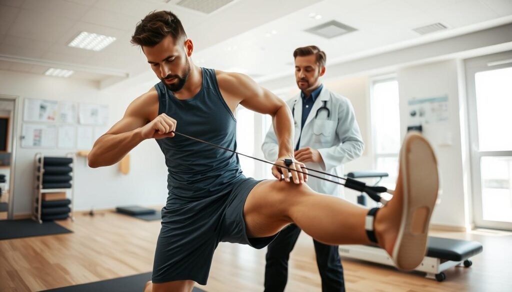 A focused physiotherapy session in a modern rehabilitation clinic, showcasing a male athlete in professional athletic wear engaged in knee joint rehabilitation. The foreground features the athlete performing specific non-weight-bearing knee exercises, using resistance bands and physiotherapy equipment. In the middle, a physiotherapist, dressed in a lab coat, observes and provides instructions, emphasizing proper techniques. The background displays a clean, bright clinic environment, with exercise mats, medical charts, and rehabilitative equipment. Soft, natural lighting illuminates the space, creating a calm and motivating atmosphere. The angle captures both the athlete and the physiotherapist, highlighting the dynamic interaction during the recovery process. Overall, convey a sense of determination and focus on healing, with an emphasis on joint health and recovery progress.