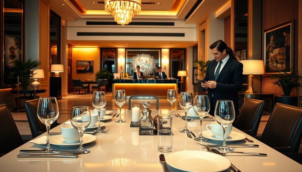 A luxury hotel scene focusing on the concept of hotel consumption. In the foreground, a sleek, elegantly set dining table with fine china and crystal glassware, reflecting a sophisticated atmosphere. A well-dressed, professional couple in business attire is discussing service options, emphasizing the importance of tipping and service charges. In the middle ground, a reception area with a welcoming staff member ready to assist guests, surrounded by tasteful décor and soft ambient lighting. The background features a spacious lobby with tasteful artwork and potted plants, conveying a sense of luxury and comfort. The overall mood is warm and inviting, with soft golden light enhancing the elegant ambiance, captured from a slightly elevated angle to provide a comprehensive view of the setting.