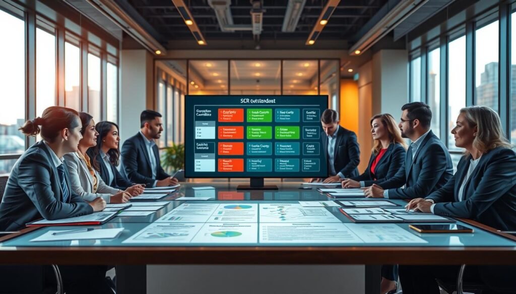 A professional office setting showcasing the SCR (Significant Controller Register) compliance process during company formation. In the foreground, a diverse group of business professionals in formal attire are engaged in a discussion around a large conference table filled with documents and charts. The middle ground features a digital display screen showing flowcharts and checklists related to regulatory requirements and SCR standards. In the background, a modern office environment with sleek furnishings, large windows letting in natural light, and cityscape views creates a vibrant atmosphere. The lighting is warm and inviting, emphasizing collaboration and focus, with a slight depth of field effect to draw attention to the professionals' interactions.