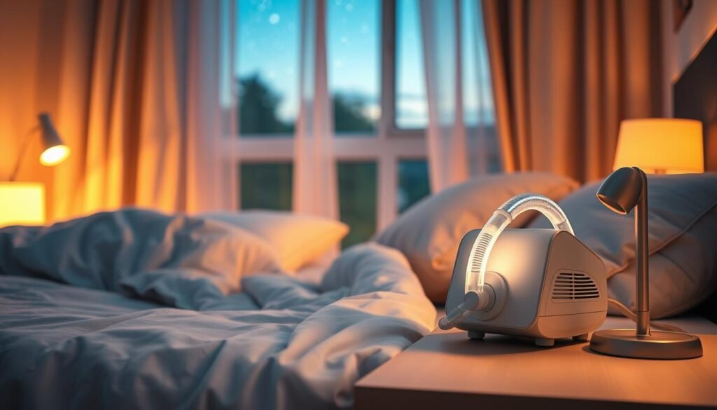 A serene bedroom setting that emphasizes restful sleep, with a modern CPAP machine prominently placed on a bedside table. In the foreground, focus on a comfortable bed adorned with soft, light-colored bedding and fluffy pillows, suggesting a welcoming atmosphere. In the middle, display the CPAP machine gently lit by a soft nightlight, illustrating its sleek design and functionality. In the background, add a calming window scene with soft curtains partially drawn, revealing a tranquil night sky with stars twinkling, enhancing a sense of peace. Use warm, soft lighting to create a cozy ambiance that evokes relaxation and improved sleep quality. The image should convey a mood of calmness and reassurance, promoting the benefits of using a CPAP machine for better sleep. A serene bedroom setting that emphasizes restful sleep, with a modern CPAP machine prominently placed on a bedside table. In the foreground, focus on a comfortable bed adorned with soft, light-colored bedding and fluffy pillows, suggesting a welcoming atmosphere. In the middle, display the CPAP machine gently lit by a soft nightlight, illustrating its sleek design and functionality. In the background, add a calming window scene with soft curtains partially drawn, revealing a tranquil night sky with stars twinkling, enhancing a sense of peace. Use warm, soft lighting to create a cozy ambiance that evokes relaxation and improved sleep quality. The image should convey a mood of calmness and reassurance, promoting the benefits of using a CPAP machine for better sleep.