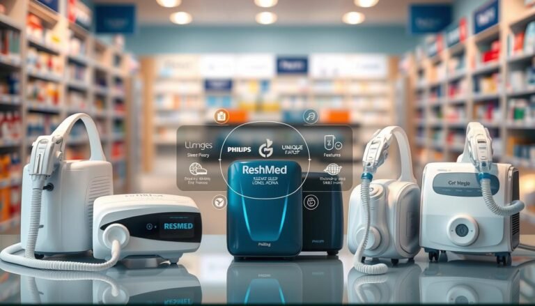 A professional and informative comparison of leading sleep apnea machines in the Hong Kong market, featuring a sleek display of popular brands such as ResMed, Philips, and Fisher & Paykel. The foreground showcases these CPAP machines arranged in an attractive manner, with each device highlighted under soft, diffused lighting to emphasize their sleek designs and features. In the middle, an infographic-like setup includes visual elements like brand logos and unique features, subtly integrated without any text. The background features a blurred pharmacy or medical supply store setting, enhancing the context. The atmosphere is bright and clinical, conveying trust and innovation in sleep health solutions, aimed at educating consumers. The image should evoke a sense of professionalism and clarity, perfect for a health-focused article.